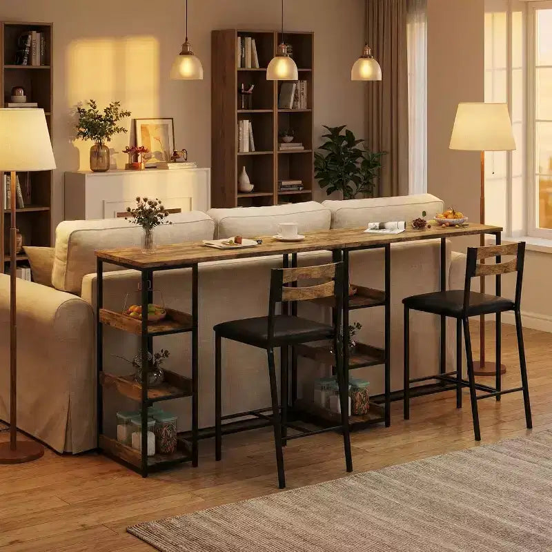 Ensemble de table de cuisine 3 pièces avec étagères de rangement et 2 chaises rembourrées - Table à manger en fer et bois pour petits espaces, appartements, copropriétés