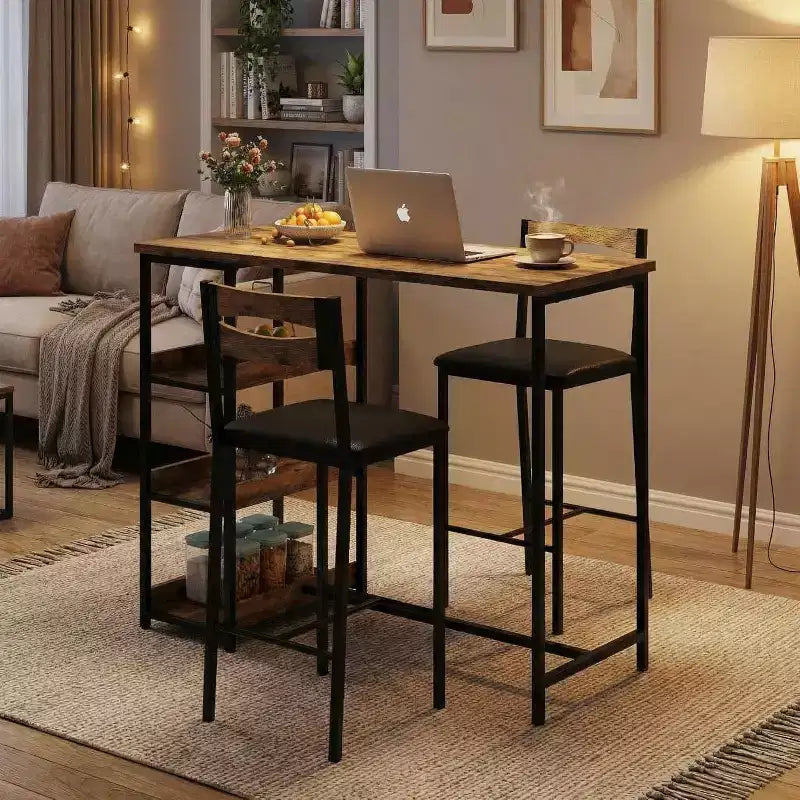 Ensemble de table de cuisine 3 pièces avec étagères de rangement et 2 chaises rembourrées - Table à manger en fer et bois pour petits espaces, appartements, copropriétés