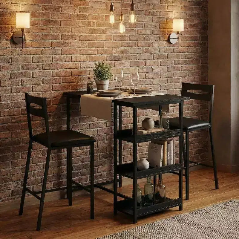 Ensemble de table de cuisine 3 pièces avec étagères de rangement et 2 chaises rembourrées - Table à manger en fer et bois pour petits espaces, appartements, copropriétés