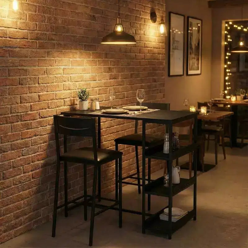 Ensemble de table de cuisine 3 pièces avec étagères de rangement et 2 chaises rembourrées - Table à manger en fer et bois pour petits espaces, appartements, copropriétés