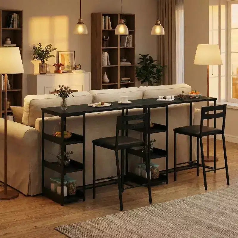 Ensemble de table de cuisine 3 pièces avec étagères de rangement et 2 chaises rembourrées - Table à manger en fer et bois pour petits espaces, appartements, copropriétés