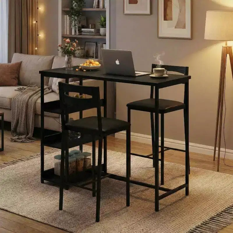 Ensemble de table de cuisine 3 pièces avec étagères de rangement et 2 chaises rembourrées - Table à manger en fer et bois pour petits espaces, appartements, copropriétés