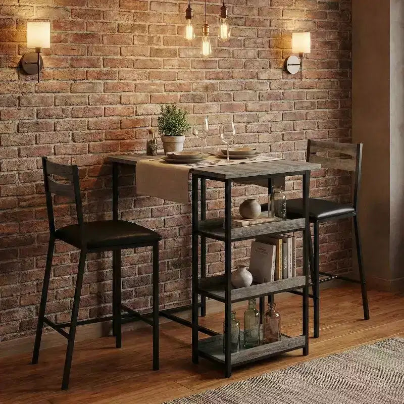 Ensemble de table de cuisine 3 pièces avec étagères de rangement et 2 chaises rembourrées - Table à manger en fer et bois pour petits espaces, appartements, copropriétés