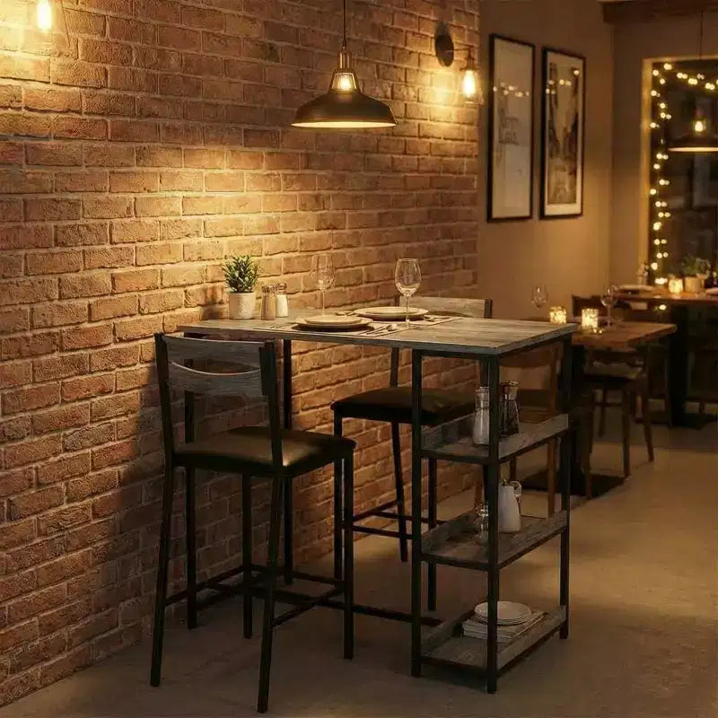 Ensemble de table de cuisine 3 pièces avec étagères de rangement et 2 chaises rembourrées - Table à manger en fer et bois pour petits espaces, appartements, copropriétés