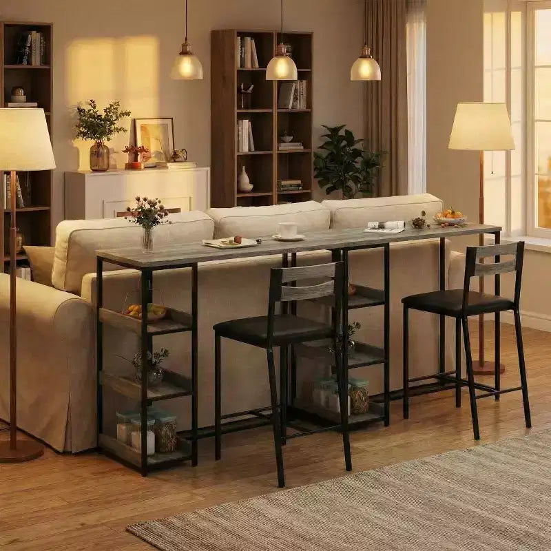 Ensemble de table de cuisine 3 pièces avec étagères de rangement et 2 chaises rembourrées - Table à manger en fer et bois pour petits espaces, appartements, copropriétés