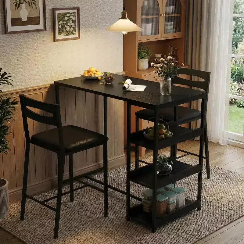 3-Piece Kitchen Table Set with Storage Shelves & 2 Upholstered Chairs - Iron and Wood Dining Table for Small Spaces, Apartments, Condos