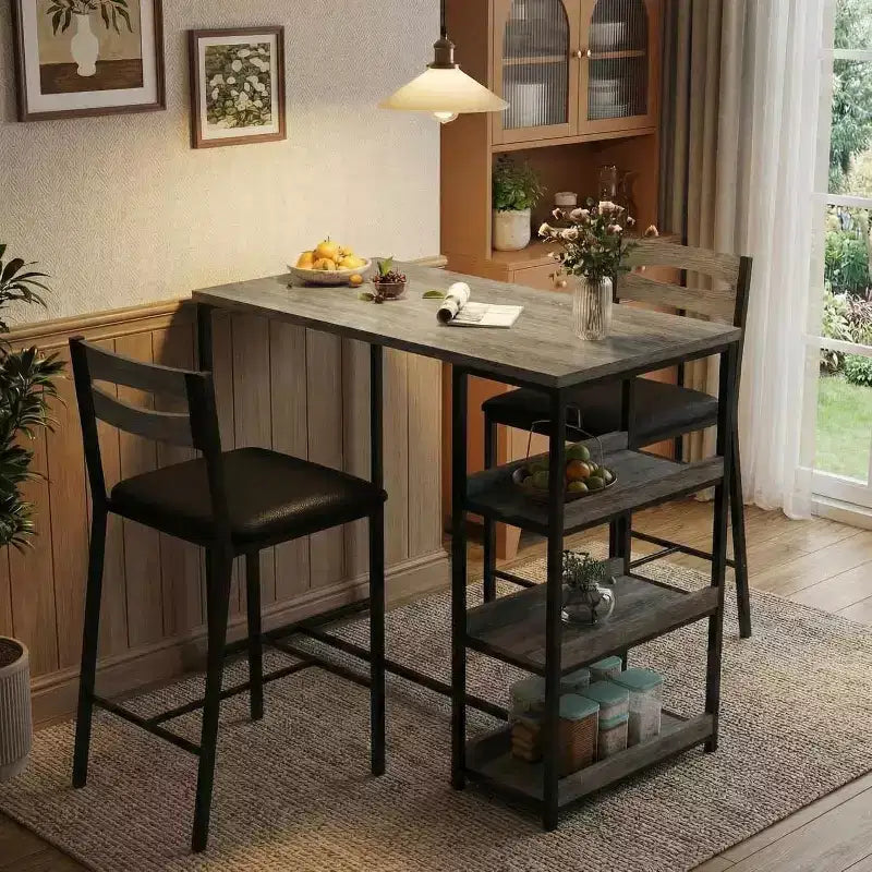 Ensemble de table de cuisine 3 pièces avec étagères de rangement et 2 chaises rembourrées - Table à manger en fer et bois pour petits espaces, appartements, copropriétés