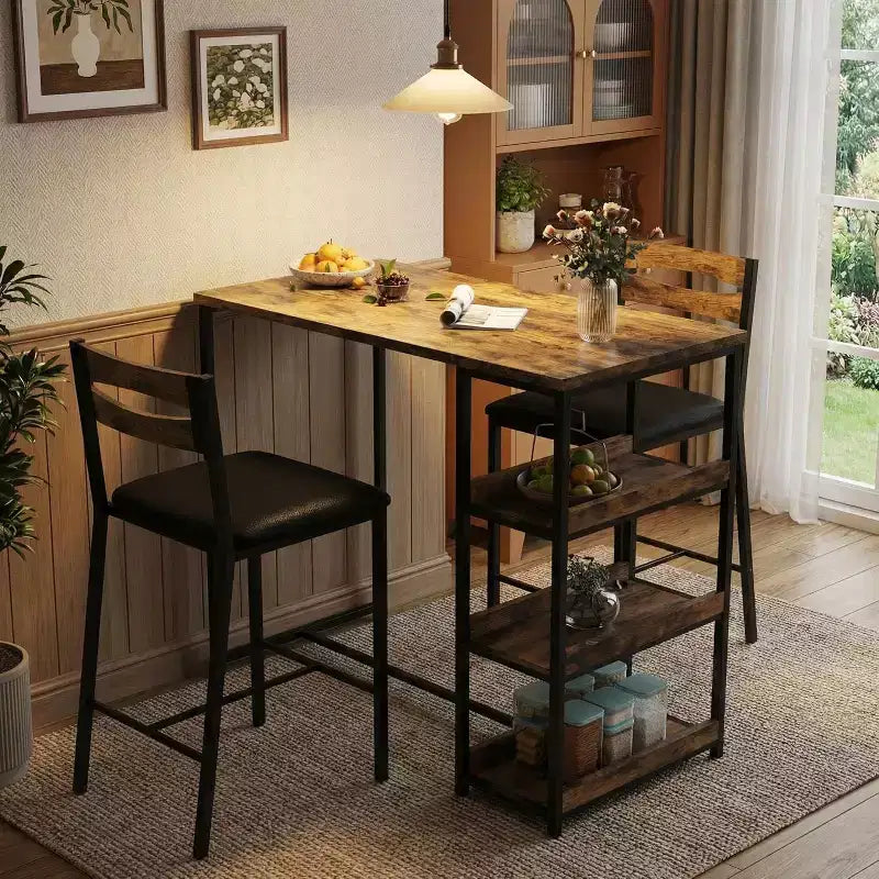 Ensemble de table de cuisine 3 pièces avec étagères de rangement et 2 chaises rembourrées - Table à manger en fer et bois pour petits espaces, appartements, copropriétés