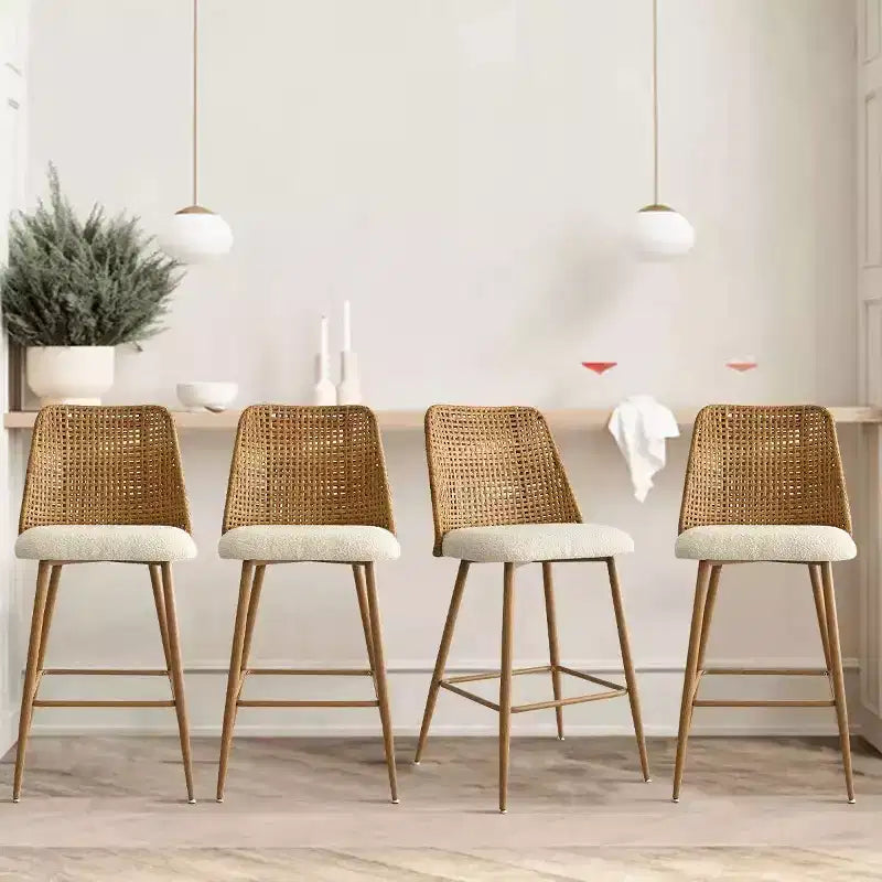 Set of 4 Boucle Rattan Counter Stools, 27 Upholstered Bar Chairs with Rattan Back for Kitchen Island or Breakfast Bar - Panipeachy