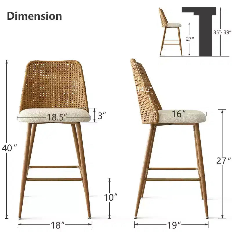 Lot de 4 tabourets de comptoir Boucle et rotin, chaises de bar rembourrées de 27 pouces avec dossier en rotin pour îlot de cuisine ou comptoir de petit-déjeuner