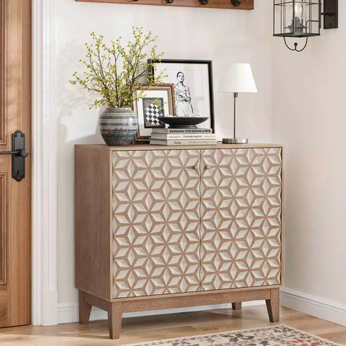 MAYEERTY 31.5 Geometric Design Sideboard Cabinet with 2 Doors and Adjustable Shelves for Living Room Kitchen Dining Room Beige