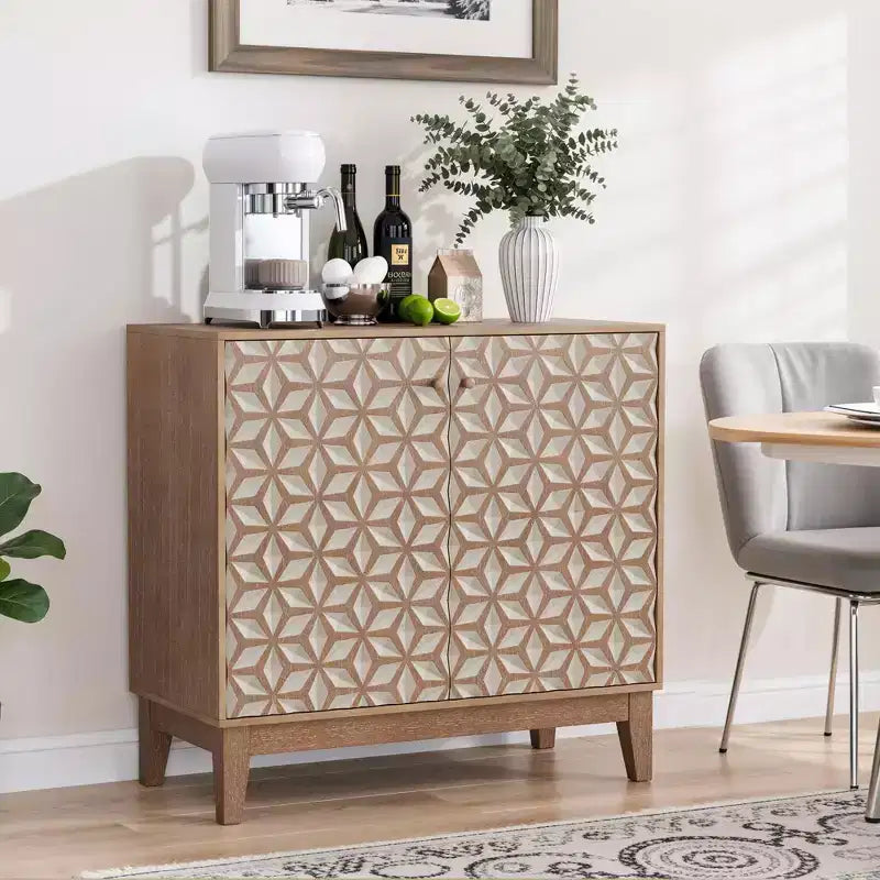 31,5 Meuble de buffet design géométrique avec 2 portes et étagères réglables pour salon, cuisine, salle à manger, beige