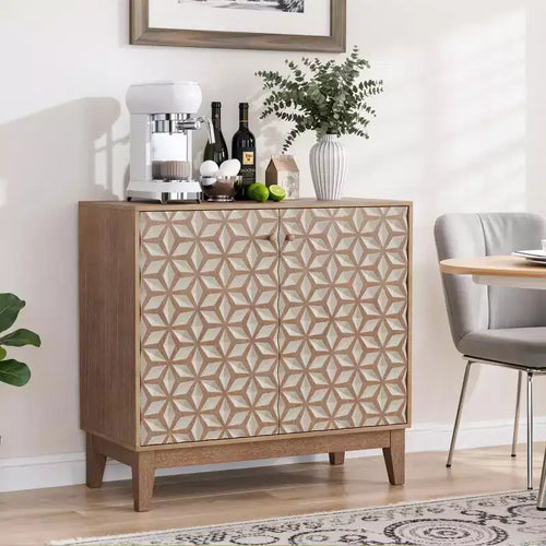 31,5 Meuble de buffet design géométrique avec 2 portes et étagères réglables pour salon, cuisine, salle à manger, beige