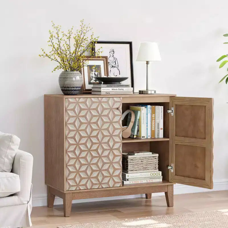 31,5 Meuble de buffet design géométrique avec 2 portes et étagères réglables pour salon, cuisine, salle à manger, beige