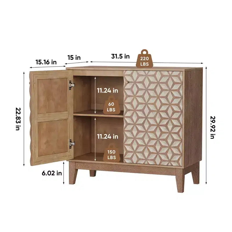 31,5 Meuble de buffet design géométrique avec 2 portes et étagères réglables pour salon, cuisine, salle à manger, beige