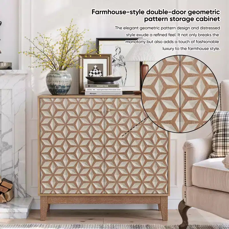 31,5 Meuble de buffet design géométrique avec 2 portes et étagères réglables pour salon, cuisine, salle à manger, beige