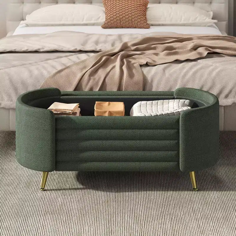 Banc de rangement capitonné moderne avec pieds en métal doré, banc d'entrée ovale avec rangement pour salon, chambre ou entrée