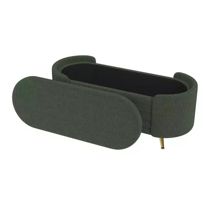 Banc de rangement capitonné moderne avec pieds en métal doré, banc d'entrée ovale avec rangement pour salon, chambre ou entrée
