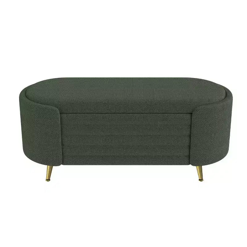 Banc de rangement capitonné moderne avec pieds en métal doré, banc d'entrée ovale avec rangement pour salon, chambre ou entrée