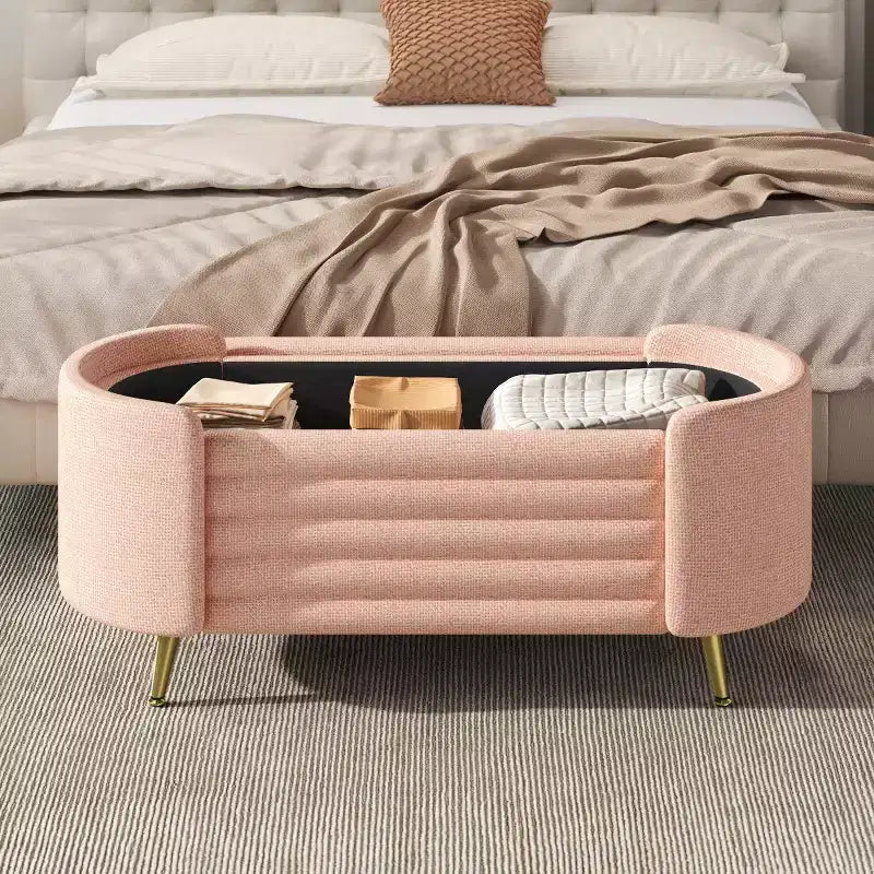 Banc de rangement capitonné moderne avec pieds en métal doré, banc d'entrée ovale avec rangement pour salon, chambre ou entrée