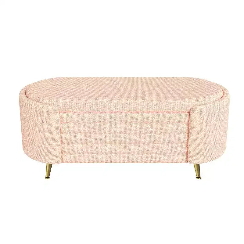 Banc de rangement capitonné moderne avec pieds en métal doré, banc d'entrée ovale avec rangement pour salon, chambre ou entrée