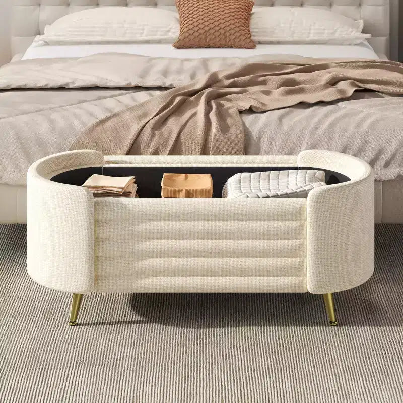 Banc de rangement capitonné moderne avec pieds en métal doré, banc d'entrée ovale avec rangement pour salon, chambre ou entrée