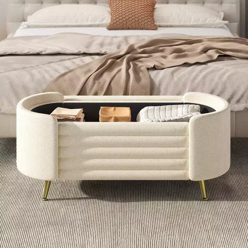 Banc de rangement capitonné moderne avec pieds en métal doré, banc d'entrée ovale avec rangement pour salon, chambre ou entrée