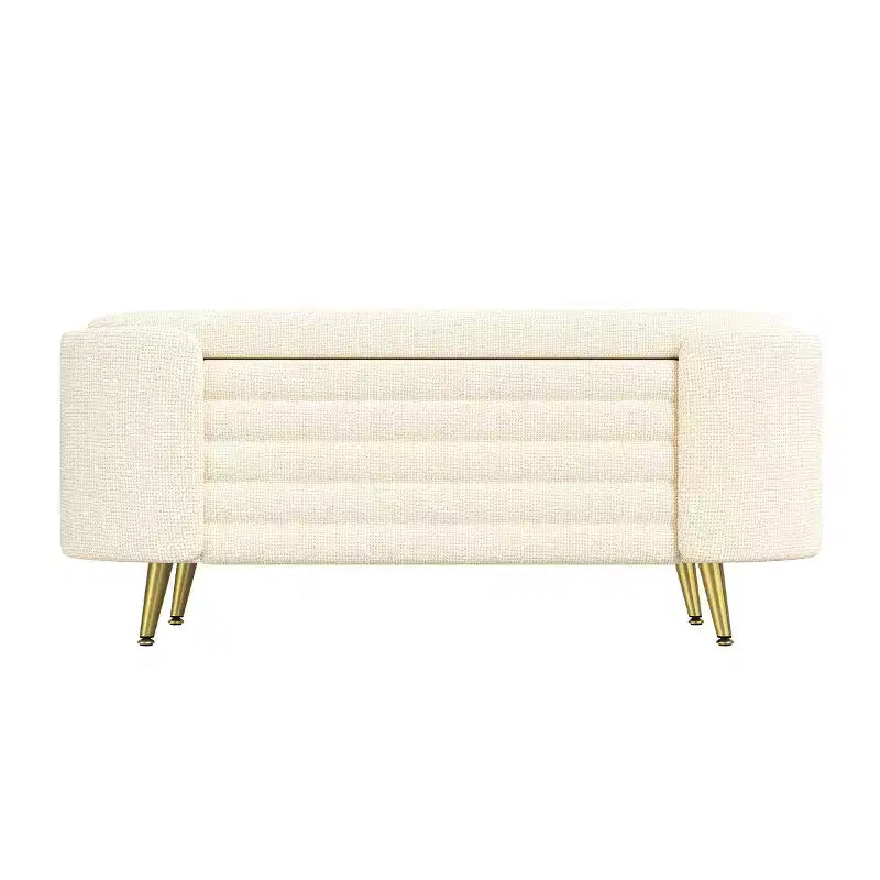 Banc de rangement capitonné moderne avec pieds en métal doré, banc d'entrée ovale avec rangement pour salon, chambre ou entrée