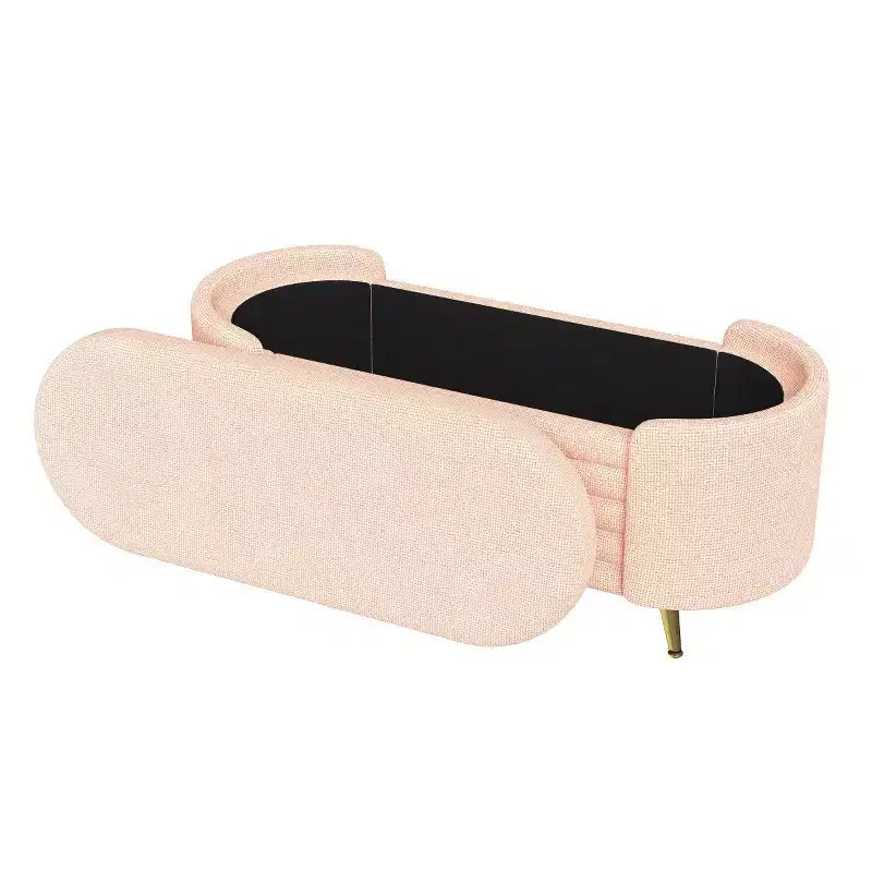 Banc de rangement capitonné moderne avec pieds en métal doré, banc d'entrée ovale avec rangement pour salon, chambre ou entrée