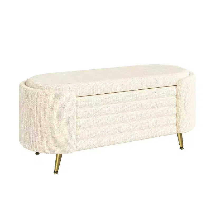 Banc de rangement capitonné moderne avec pieds en métal doré, banc d'entrée ovale avec rangement pour salon, chambre ou entrée