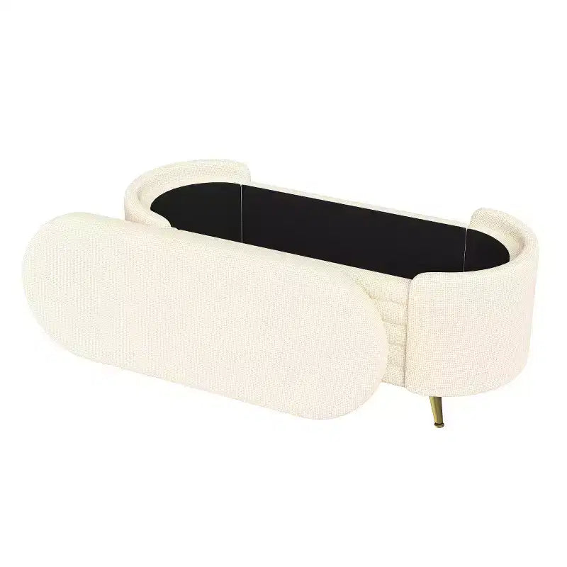 Banc de rangement capitonné moderne avec pieds en métal doré, banc d'entrée ovale avec rangement pour salon, chambre ou entrée