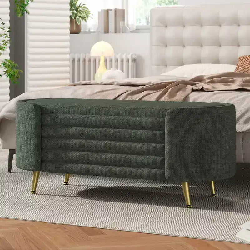 Banc de rangement capitonné moderne avec pieds en métal doré, banc d'entrée ovale avec rangement pour salon, chambre ou entrée
