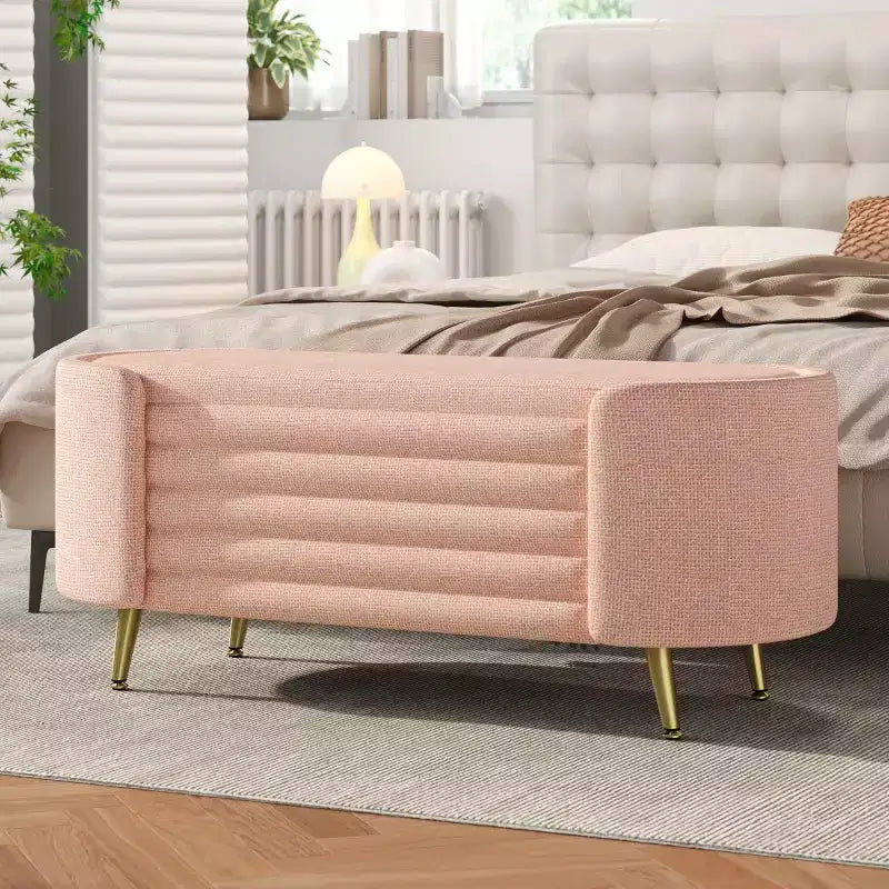 Banc de rangement capitonné moderne avec pieds en métal doré, banc d'entrée ovale avec rangement pour salon, chambre ou entrée