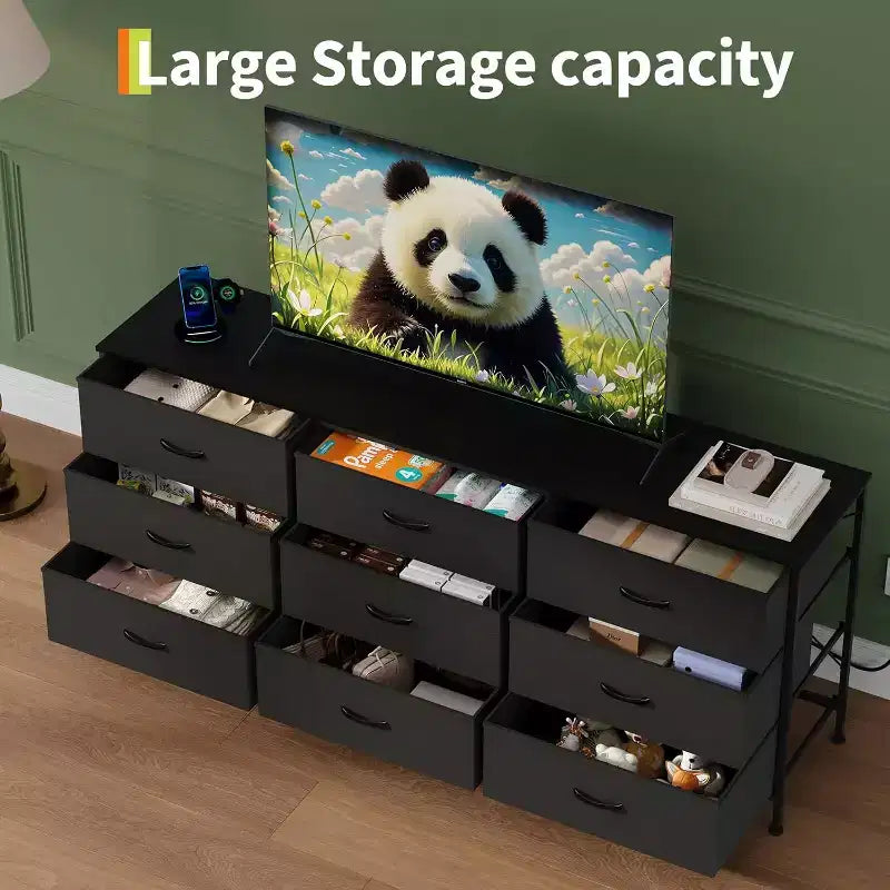 Meuble TV 63 pouces avec 9 tiroirs en tissu et plateau en bois, console multimédia à cadre métallique pour chambre ou salon