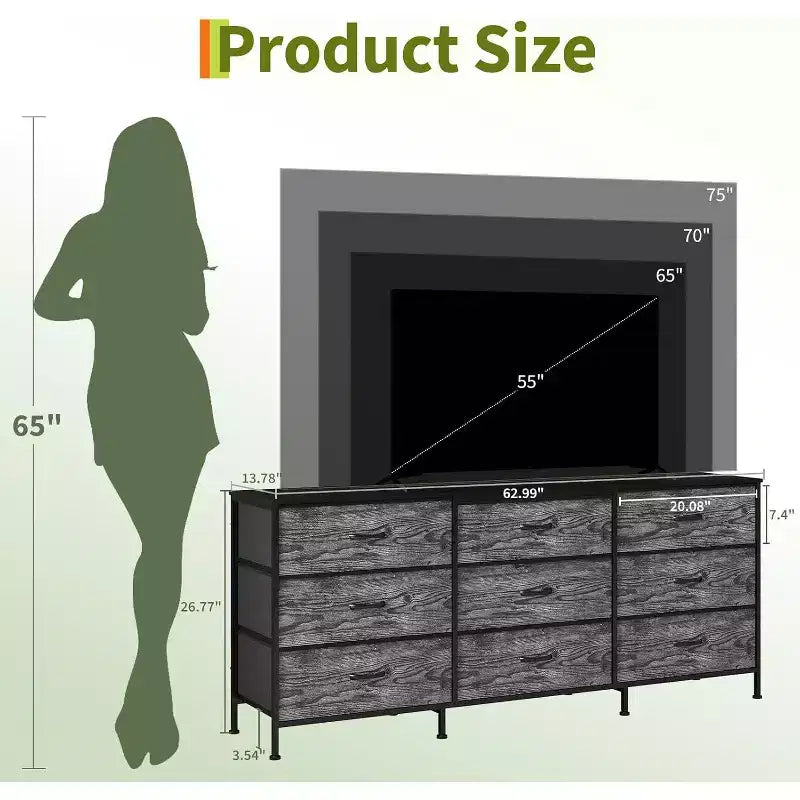 Meuble TV 63 pouces avec 9 tiroirs en tissu et plateau en bois, console multimédia à cadre métallique pour chambre ou salon