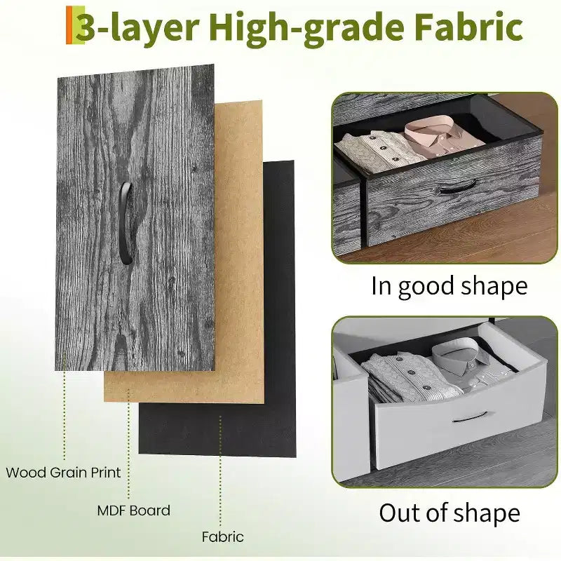 Meuble TV 63 pouces avec 9 tiroirs en tissu et plateau en bois, console multimédia à cadre métallique pour chambre ou salon