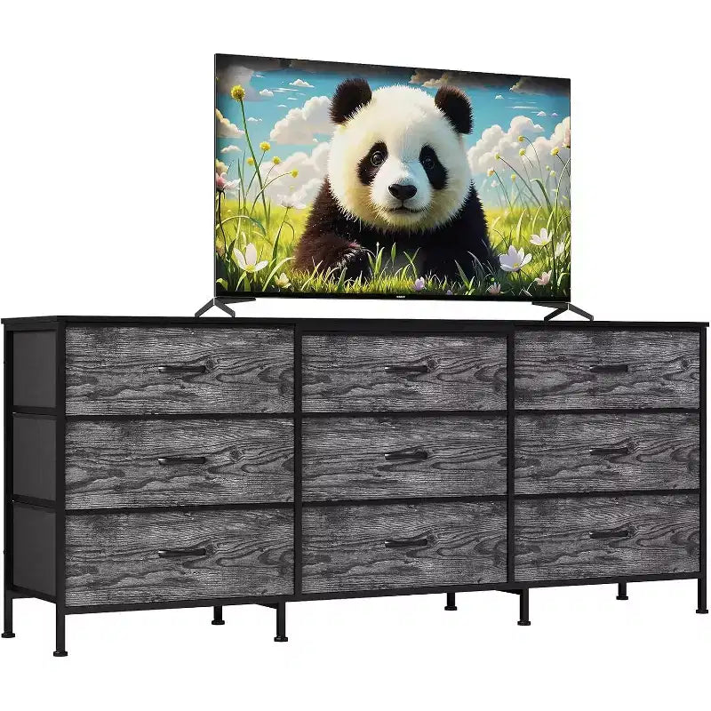 Meuble TV 63 pouces avec 9 tiroirs en tissu et plateau en bois, console multimédia à cadre métallique pour chambre ou salon