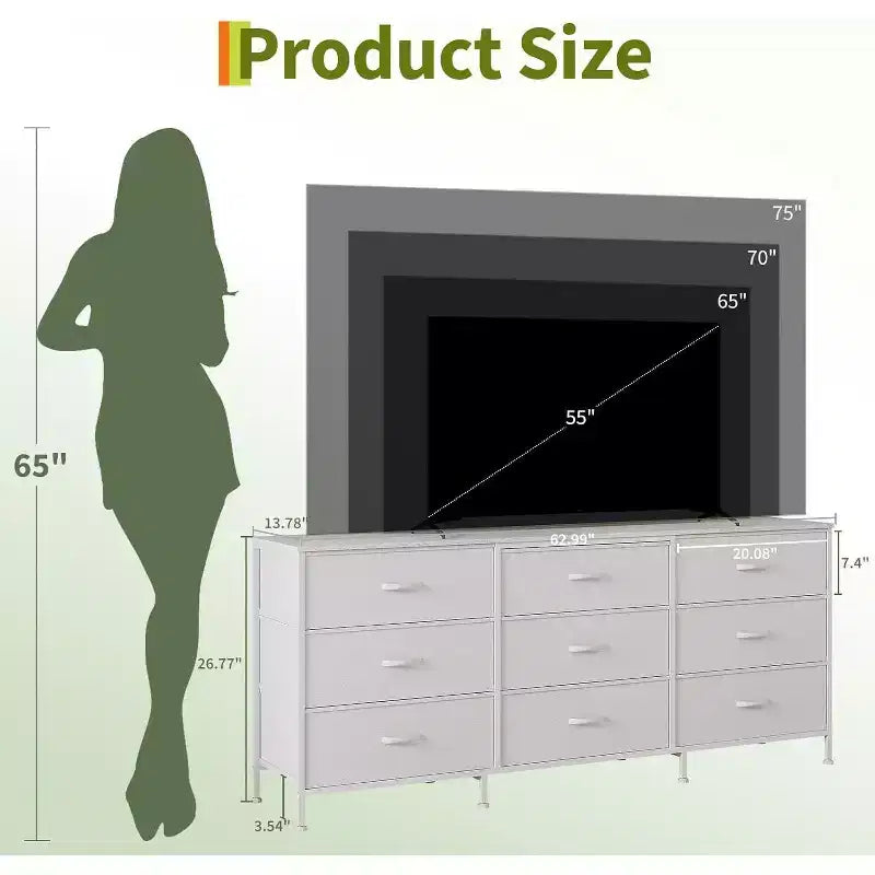 Meuble TV 63 pouces avec 9 tiroirs en tissu et plateau en bois, console multimédia à cadre métallique pour chambre ou salon