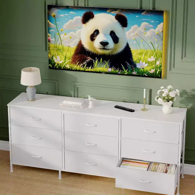 Meuble TV 63 pouces avec 9 tiroirs en tissu et plateau en bois, console multimédia à cadre métallique pour chambre ou salon