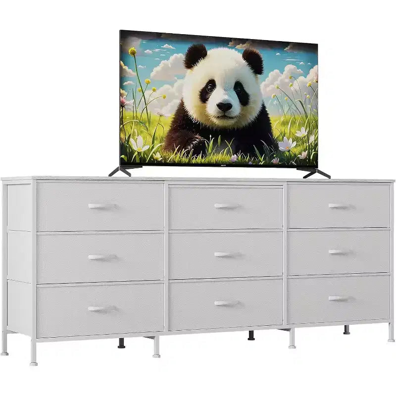 Meuble TV 63 pouces avec 9 tiroirs en tissu et plateau en bois, console multimédia à cadre métallique pour chambre ou salon