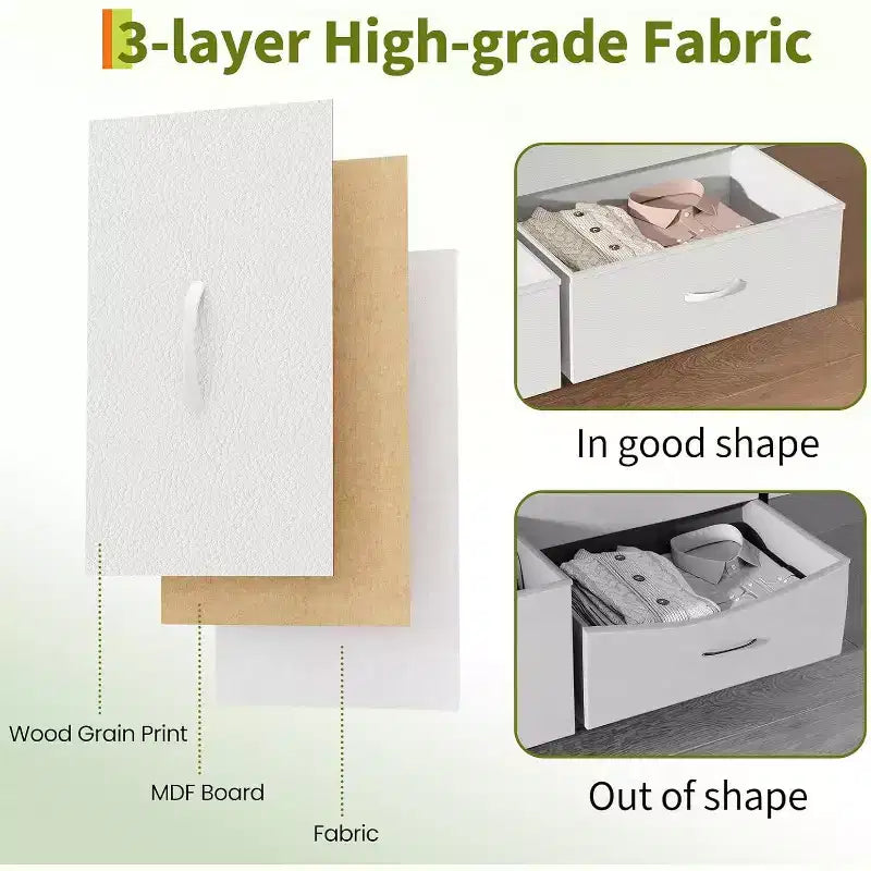 Meuble TV 63 pouces avec 9 tiroirs en tissu et plateau en bois, console multimédia à cadre métallique pour chambre ou salon