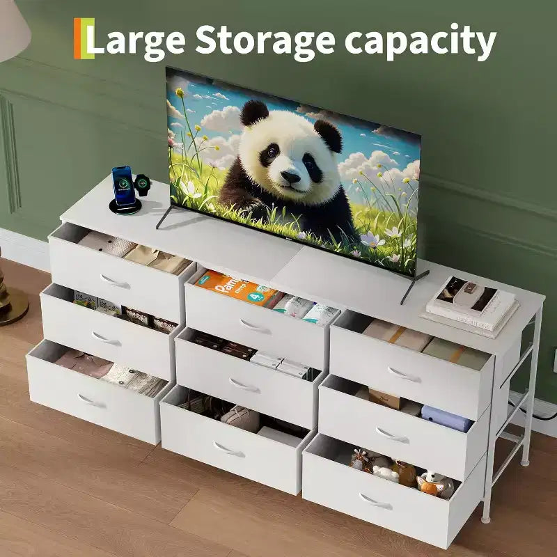 Meuble TV 63 pouces avec 9 tiroirs en tissu et plateau en bois, console multimédia à cadre métallique pour chambre ou salon