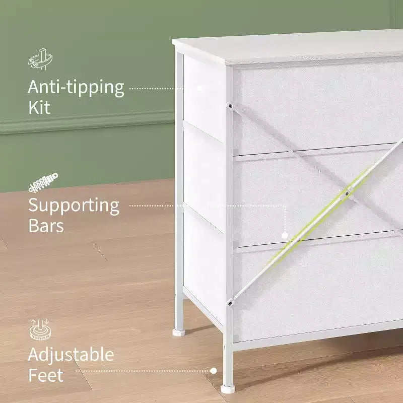 Meuble TV 63 pouces avec 9 tiroirs en tissu et plateau en bois, console multimédia à cadre métallique pour chambre ou salon