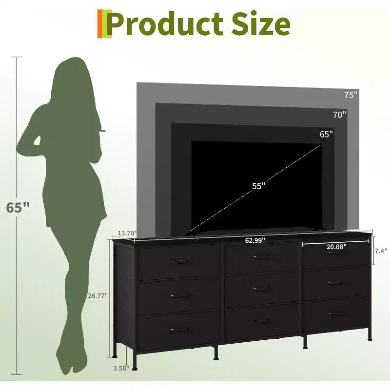 Meuble TV 63 pouces avec 9 tiroirs en tissu et plateau en bois, console multimédia à cadre métallique pour chambre ou salon