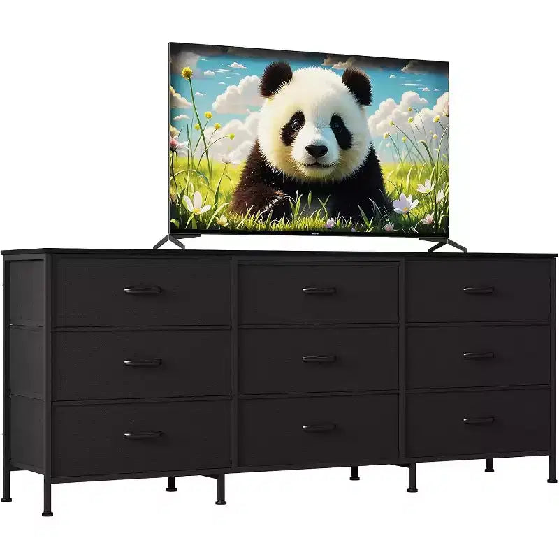 Meuble TV 63 pouces avec 9 tiroirs en tissu et plateau en bois, console multimédia à cadre métallique pour chambre ou salon
