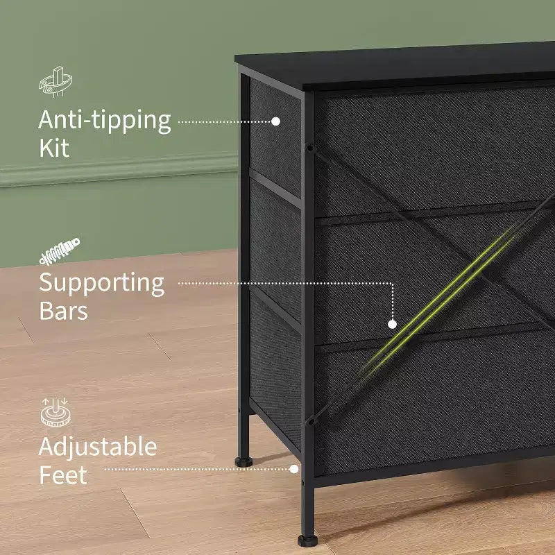 Meuble TV 63 pouces avec 9 tiroirs en tissu et plateau en bois, console multimédia à cadre métallique pour chambre ou salon