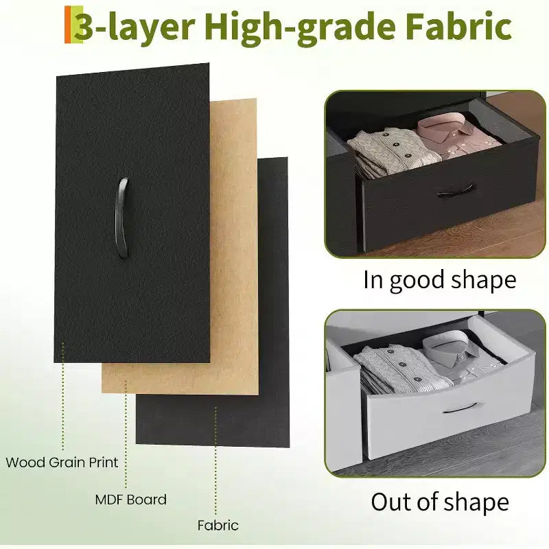 Meuble TV 63 pouces avec 9 tiroirs en tissu et plateau en bois, console multimédia à cadre métallique pour chambre ou salon