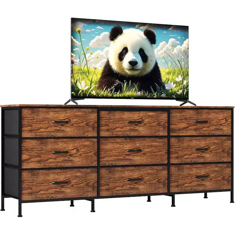 Meuble TV 63 pouces avec 9 tiroirs en tissu et plateau en bois, console multimédia à cadre métallique pour chambre ou salon