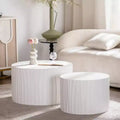 Set of 2 Round Nesting Coffee Tables with Handcrafted Relief Design for Living Room