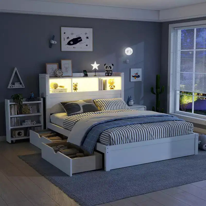 Cadre de lit double, Lit en bois avec tête de lit de rangement et armoire de rangement coulissante, Tiroirs